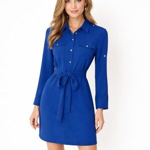 NWT Talbots Shirt Dress Size 6P Navy Epaulet Shoulder Belt Roll Tab